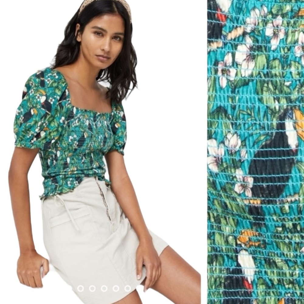 Anthropologie Dolan Left Coast Smocked Green Puff Sleeved Top Tropical Summer